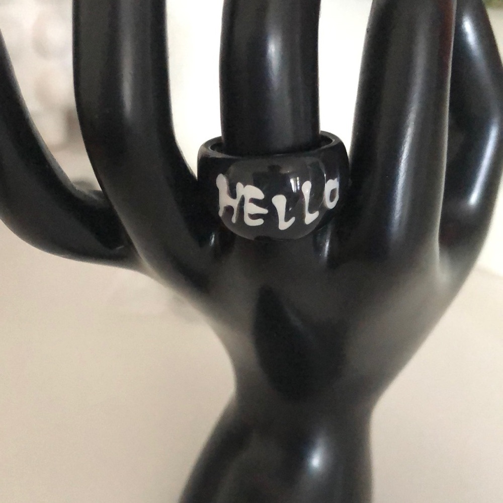 Black Ring with 'Hello' Text lucite resin hand painted ring